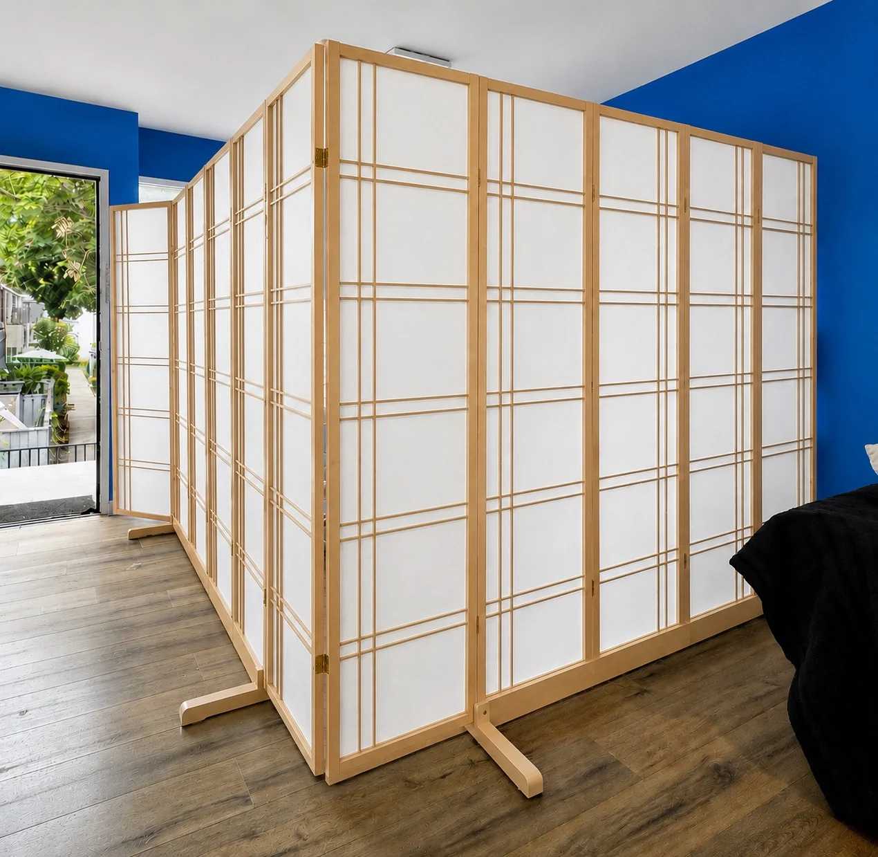 Natural wood privacy screen room installation